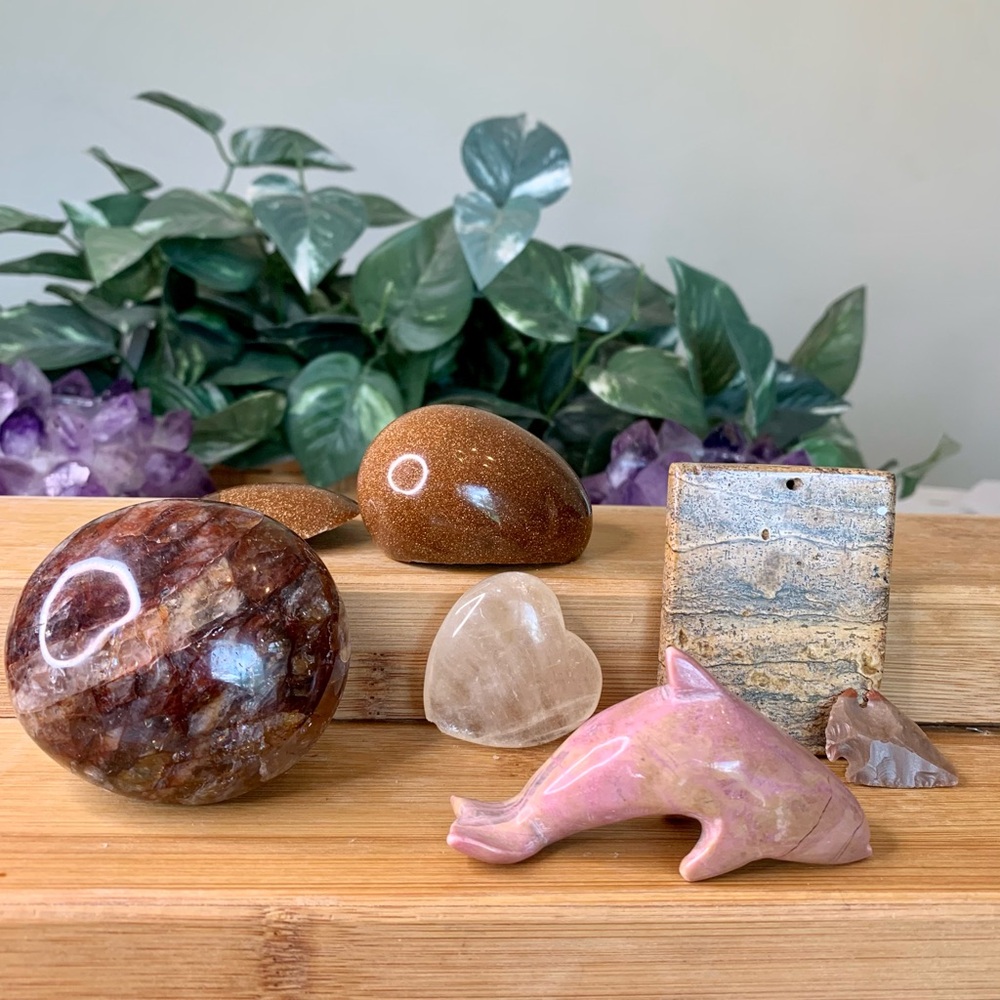 Crystal Carvings Lot Rhodonite Goldstone Fire Quartz Picture Jasper Imperfect 6
